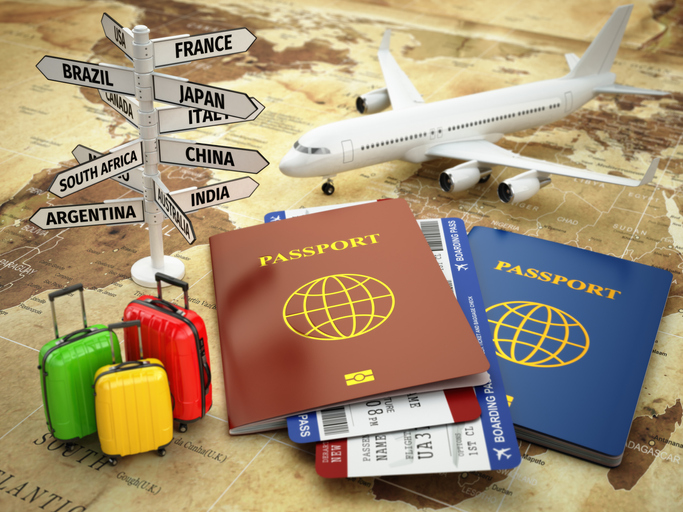 Travel or tourism concept. Passport, airplane, airtickets, baggage and destination sign on the world map. 3d