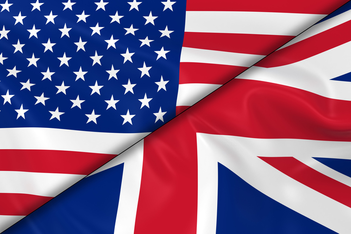 Flags of the USA and the UK Divided Diagonally - 3D Render of the American Flag and British Flag with Silky Texture